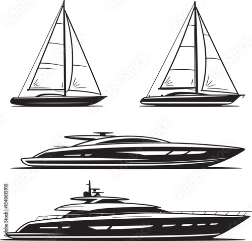 Set of Luxury Boat and Sailboat Silhouettes – Vector Illustration