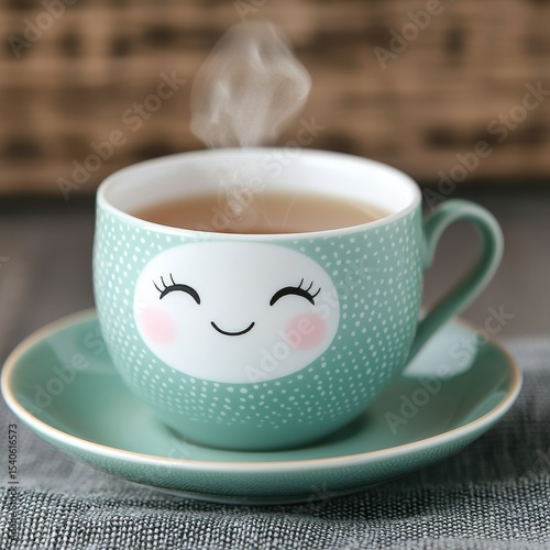 Cute ceramic cup with smiling face and steaming tea on saucer