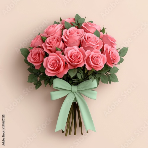 Beautiful Pink Roses Bouquet with Green Ribbon on Soft Background