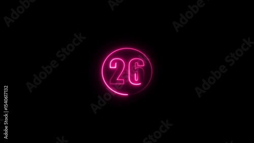 Abstract glowing neon text 26 number countdown icon. Glowing sign on black background Neon number. Glowing blue neon countdown timer number animation 4k. neon countdown timer color 4k