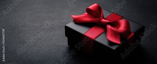 The elegant black gift box adorned with a vibrant red ribbon.