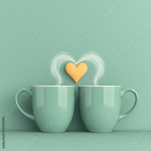 Two Mint Green Coffee Mugs with Heart-Shaped Steam in Love