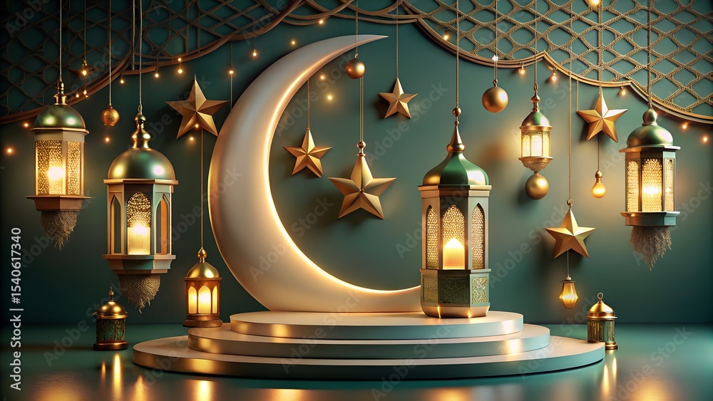Obraz premium “Eid-themed podium with lanterns, crescent moon, and stars”