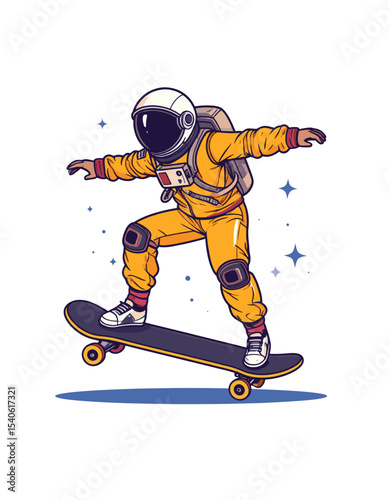 Cool astronaut skateboarding in space suit with dynamic pose and cosmic background in fun vector illustration