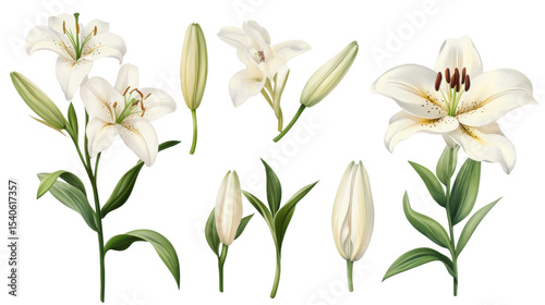 Set of elegant blooming lilies with buds on white background 
