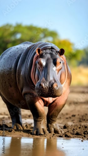 Enormous hippopotamus standing in a muddy watering hole, its skin glistening in the sunlight, facing forward with a blurred green and tan background.