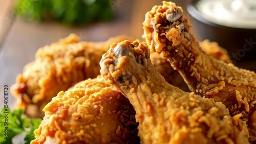 Golden crispy fried chicken drumsticks on wooden board served with white sauce bowl and greens, appetizing fast food