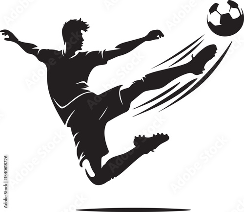 Silhouette of a soccer player kicking a ball with motion lines on a white background illustration