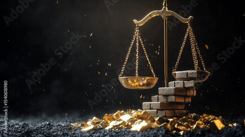 golden judgement balance scale on top of gold bars in black background. Justice, law and judiciary politics concept.