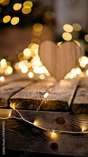 Elegant wooden heart decoration with blurred string fairy lights on rustic wooden plank surface, romantic glowing backdrop with bokeh effect, holiday atmosphere