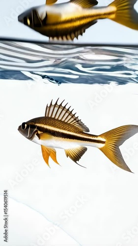 Elegant golden fish swims gracefully under water, showcasing intricate details and beautiful patterns in an ocean environment