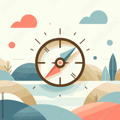 Compass illustration against a stylized landscape