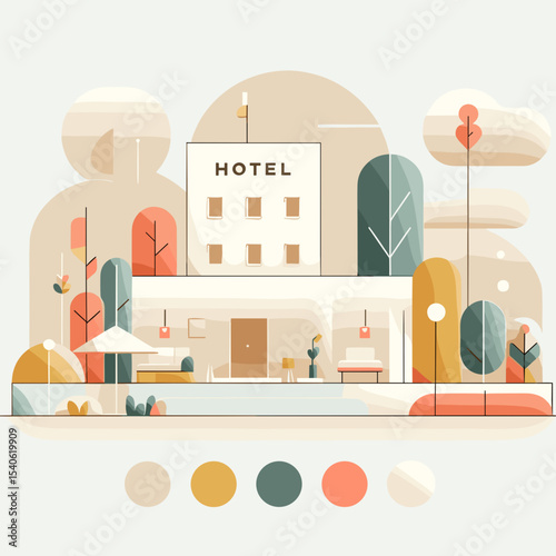 Modern hotel illustration with colorful trees and abstract design