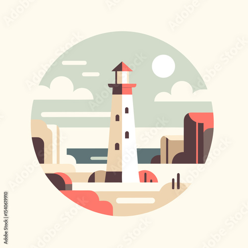 Lighthouse by the sea with cliffs and cloudy sky in a circular design  