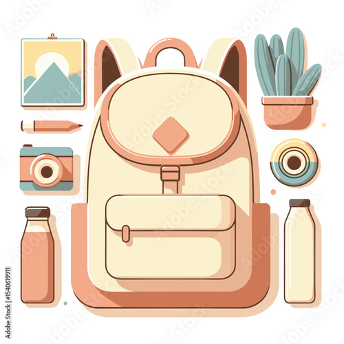 Backpack with travel essentials including camera, plants, and bottles  