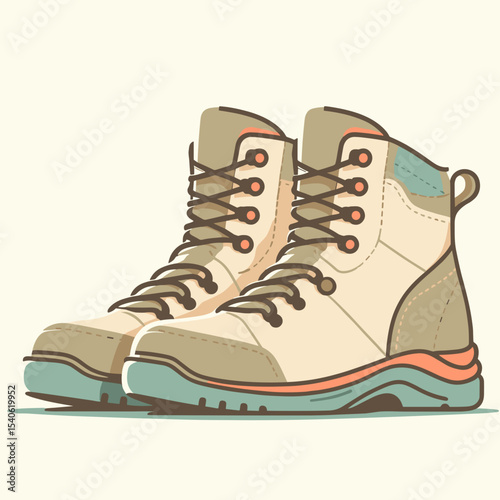 Hiking boots in beige and teal colors on a light background  