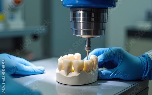 Workplace dental technician. Production of dental crowns. Milling dental system with computer control. Grinding and milling machine of dentures. Laboratory milling cutter for dental work. Dentistry.