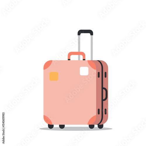 Pink suitcase with wheels standing on white background, concept of travel  