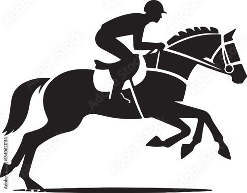 A black silhouette of a horse and rider jumping on a white background in a simple vector style