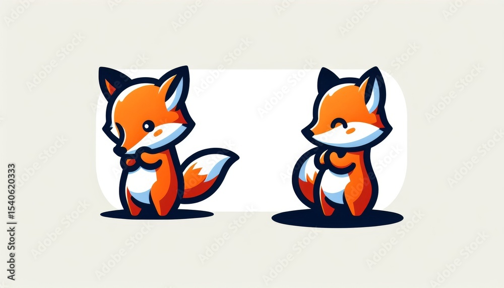 Fototapeta premium Two Cute Orange Cartoon Foxes Sitting and Standing