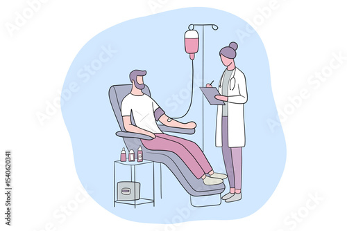 A hand drawn illustration of a human donating blood. Good for any project.	
