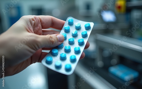 Hand holding blue capsule pack at medicine pill production line, Industrial pharmaceutical concept.banner side. High quality