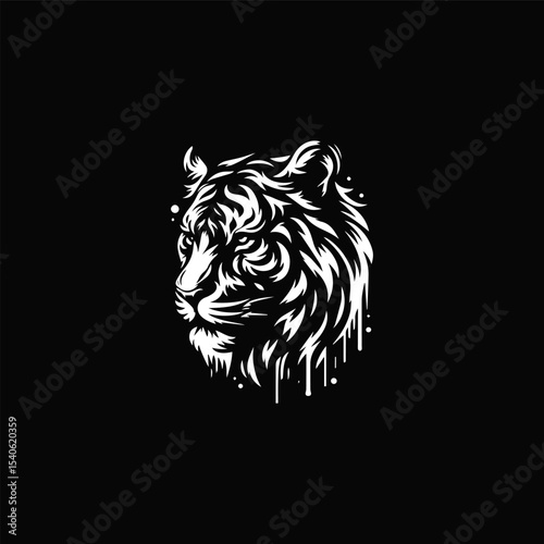 A striking black and white illustration of a tiger's head, facing left.