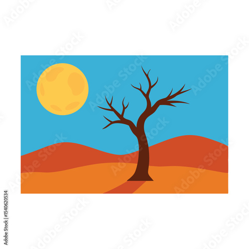Desert Serenity A Lone Tree Under the Moon's Glow in an Arid Landscape with Rolling Dunes