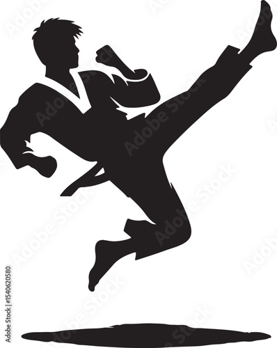 Silhouette of a man in a karate stance with a raised leg and clenched fist on a white background