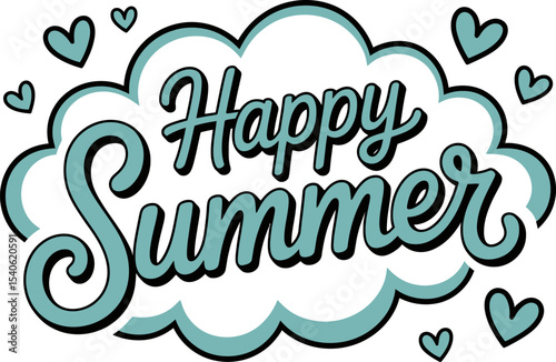 Blue and teal cloud-style summer text with small hearts in dreamy outline for fresh weather theme  