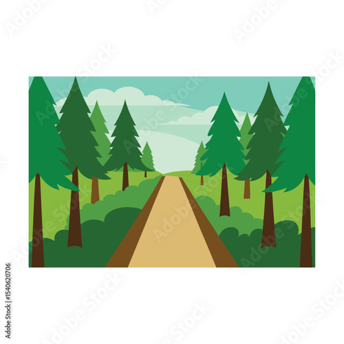 A Serene Forest Trail Beckons with Lush Green Trees and a Tranquil Path under a Peaceful Sky