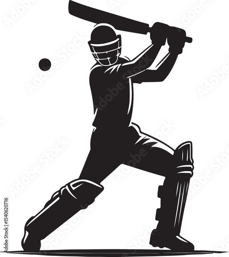 A silhouette of a cricket player batting with a bat and helmet in a white background illustration