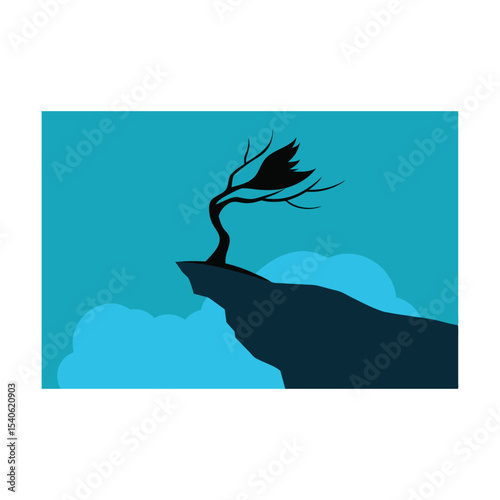 Solitary Tree on a Cliff Illustration Evokes a Sense of Isolation and Resilience Against a Turquoise Sky