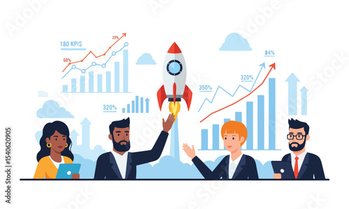 Startup team launching new product with rocket and KPI charts – flat vector illustration
