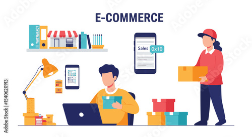 E-commerce business owner managing store and packaging parcels – flat vector illustration