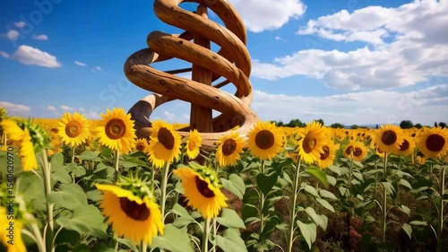 Sunflowers in full bloom with a carved wooden sculpture against a vibrant blue sky with white clouds, creating a warm nature scene.