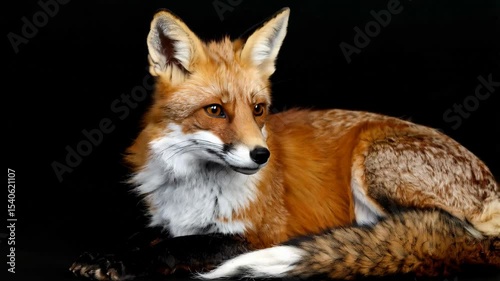 Red fox posing elegantly, lying down against dark backdrop, showcasing its thick fur, and graceful posture, enhancing details and warm tones
