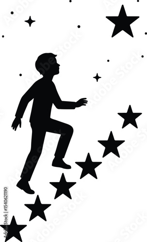 Silhouette boy climbing stars success ladder vector illustration