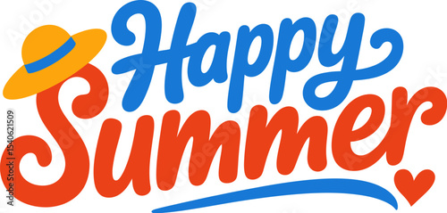 Bright blue and orange script happy summer text with hearts and sunshine for cheerful vacation posts  