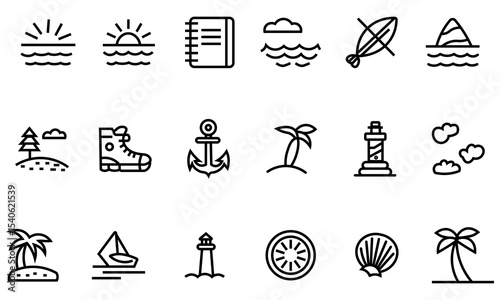 Minimal travel and summer icon set with sea, beach, palm, boat, sunrise, and island symbols
