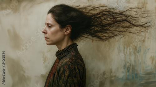 Illustration of a woman in profile, her dark hair flowing dramatically in an unseen wind, stands against a textured background.  Her pensive expression hints at inner turmoil.