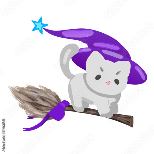 A charming little cat rides gracefully on a broom, wearing a pointy witch hat . Perfect for Halloween themes, enchanted stories, or magical artwork lovers
