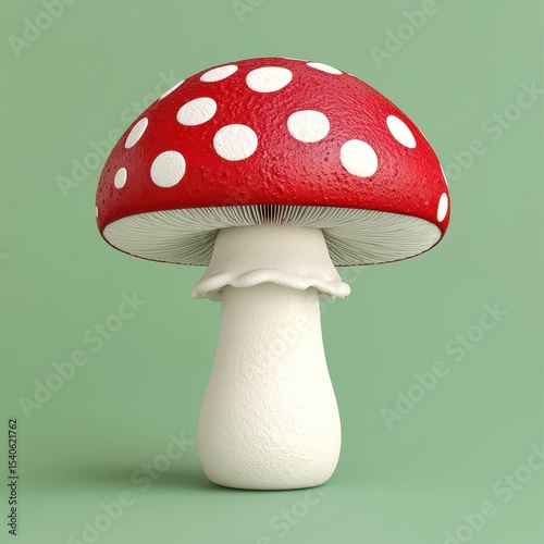 Bright Red Mushroom with White Spots on Green Background