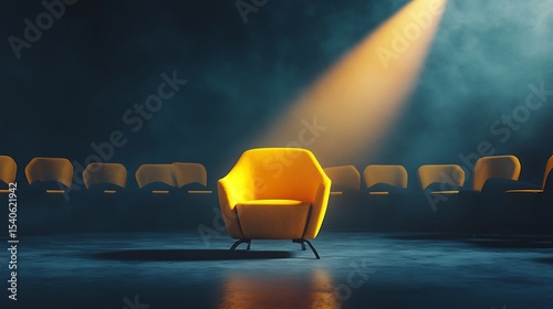 Solitary yellow chair highlighted by spotlight in a darkened auditorium.