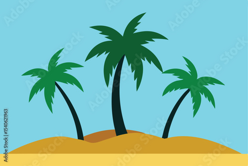 Tropical Paradise Illustration Featuring Palm Trees on a Sandy Beach with a Clear Blue Sky Backdrop, conveying relaxation and vacation