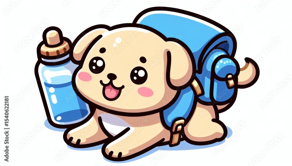 Obraz premium Cute Tan Puppy with Blue Backpack and Water Bottle