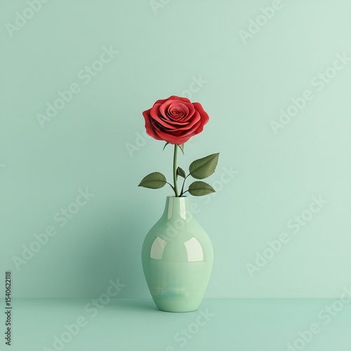 Single Red Rose in Elegant Vase on Soft Mint Background