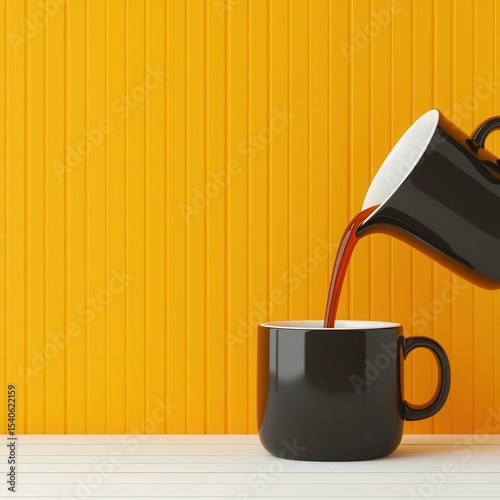 Coffee Pouring from a Jug into a Black Mug Against Yellow Background
