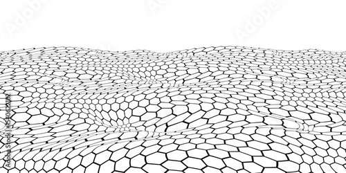 Wavy 3D bg of hexagon graphene carbon molecule. Thin super flexible material with conductor properties. Polygonal mesh. Vector illustration