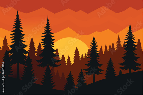 Scenic Forest Landscape at Sunset with Silhouetted Trees and Mountains, Evoking Tranquility and Natural Beauty in a Minimalist Style